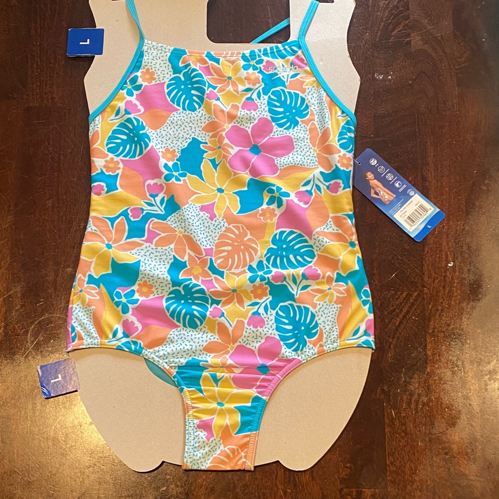 Speedo Kids One Piece Swimsuit - Blue and Orange Floral